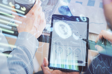 Multi exposure of man's hands holding and using a digital device and data theme drawing. Innovation concept.