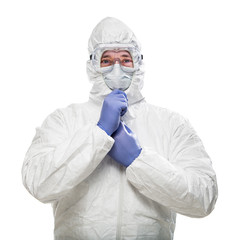 Fototapeta na wymiar Man Wearing Hazmat Suit, Goggles and Medical Face Mask Isolated On White