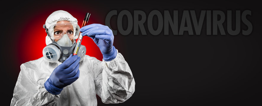 Banner of Female Doctor or Nurse In Medical Protective Gear Holding Positive Coronavirus Test Tube With Coronavirus Text Behind