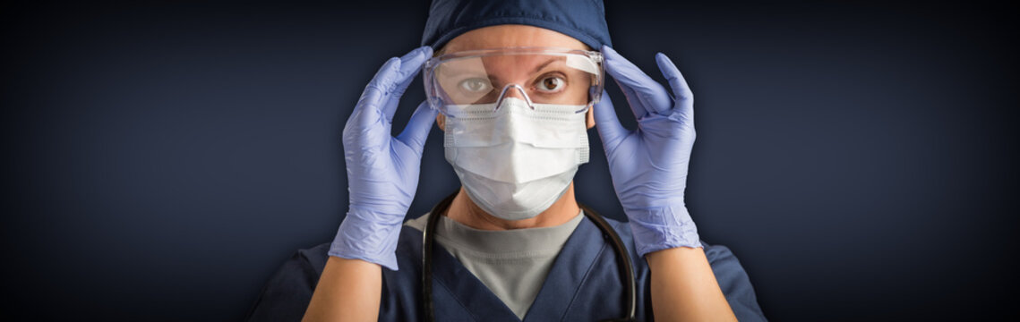 Banner of Female Doctor or Nurse In Medical Face Mask and Protective Gear
