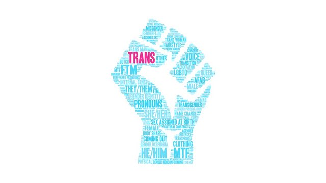 Trans animated word cloud on a white background. 