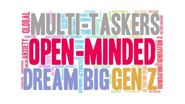 Open-Minded Gen Z animated word cloud on a white background. 