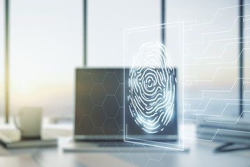 Multi exposure of creative fingerprint hologram on laptop background, personal biometric data...