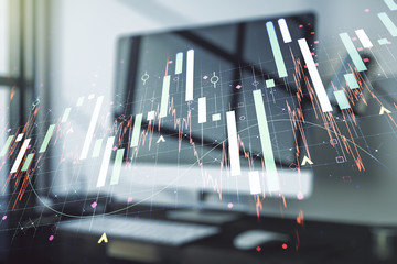 Multi exposure of abstract creative financial graph on modern computer background, forex and investment concept