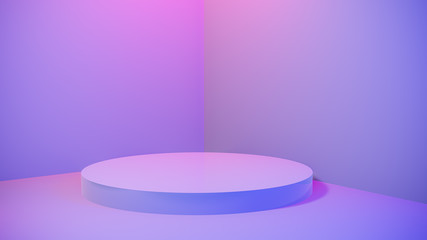 Abstract Empty Pedestal in Blue Pink vibrant light Stage minimal background for present content advertising banner product design mockup. 3D illustration