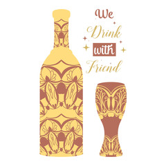 Unique bottle and glass with beautiful Angela lettering design. Vector