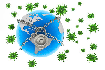3d rendering of healthcare and medicine Concept. Earth globe chained and locked on white background. Green viruses surrounded the world. mutation.  Corona, influenza viruses. copy space