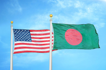 United States and Bangladesh  two flags on flagpoles and blue cloudy sky