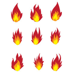 hand drawn fire flame set with different shapes isolated and colored on black background vector illustration doodle