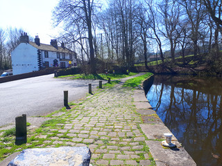 Saltersforth Moorings on the Leeds Liverpool Canal on the border of Lancashire and Yorkshire in the...