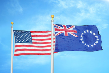 United States and Cook Islands two flags on flagpoles and blue cloudy sky