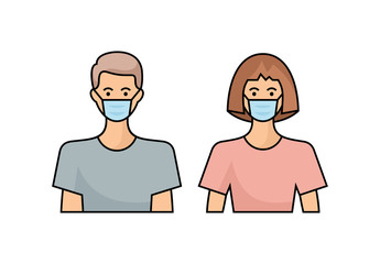 Man and woman icons in virus protection mask. Coronavirus prevention vector illustration.
