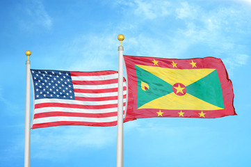 United States and Grenada two flags on flagpoles and blue cloudy sky