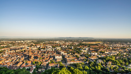 Panorama of Freiburg in the morning; Freiburg Minster under blue sky