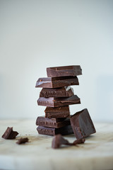A stack of dark chocolate with light background
