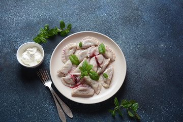 Dumplings with cherries,sour cream and mint. Ukrainian, Russian and Belarusian cuisine. Healthy breakfast