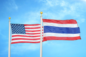 United States and Thailand two flags on flagpoles and blue cloudy sky