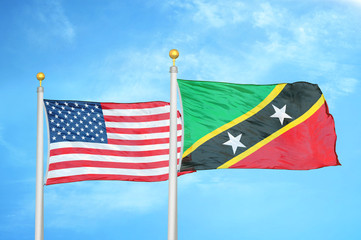 United States and Saint Kitts and Nevis two flags on flagpoles and blue cloudy sky