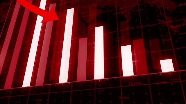 4k HUD graph with fall down arrow and bar stats,Financial data,diagrams showing a economic recession in profits,digital data wall with world map,Global economy,financial crisis,stock plunge.