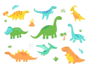 Papier Peint photo Dinosaures Ensemble de dinosaures mignons pour les enfants, conception de clipart bébé. Dino coloré de style dessiné à la main. Illustration vectorielle de dinosaures isolés sur fond.