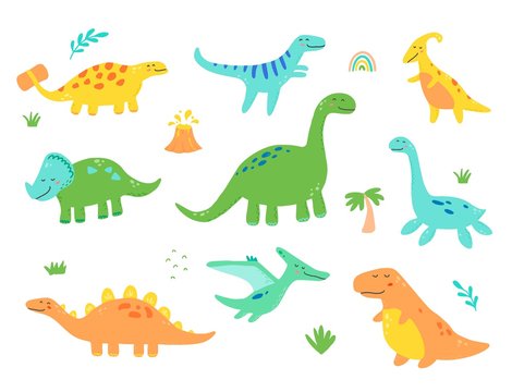 Cute dinosaur set for kids, baby clipart design. Colorful dino of hand drawn style. Vector illustration of dinosaurs isolated on background.