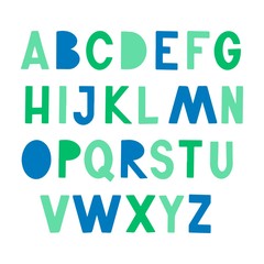 Funny kids alphabet in hand drawn scandinavian style for poster, kids nursery, font, letters design. Vector illustration isolated on background.