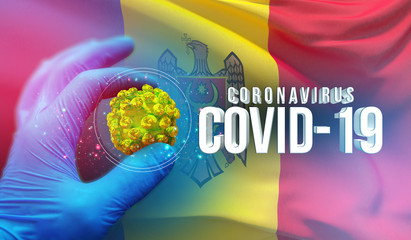 Coronavirus COVID-19 outbreak concept, health threatening virus, background waving national flag of Moldova. Pandemic stop Novel Coronavirus outbreak covid-19 3D illustration.