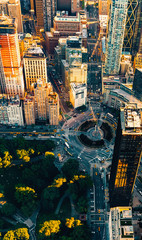 Aerial view of Columbus Circle and Central Park in New York City at sunset