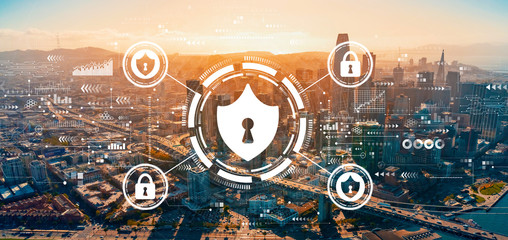 Cyber security theme with downtown San Francisco skyline buildings