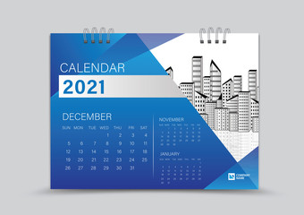 Desk Calendar 2021 Creative design can be place photo and logo, Week starts on Sunday, December Page vector for calendar 2021 template, Blue gradient background