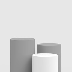 3d gray white cylinder podium minimal studio background. Abstract 3d geometric shape object illustration render. Display for cosmetic perfume fashion product.
