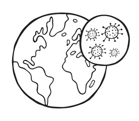 Hand drawn vector illustration of Wuhan corona virus, covid-19. World globe and viruses.
