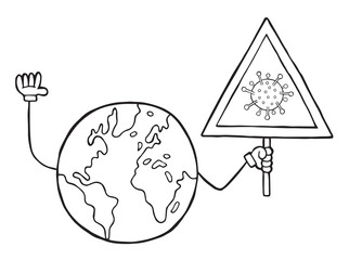 Hand drawn vector illustration of Wuhan corona virus, covid-19. World globe holding danger sign.