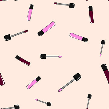 Lipsticks seamless pattern. Hand drawn colorful cosmetic elements.