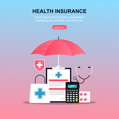 Health insurance concept. Medical research report or contract vector with drugs and calculator symbol, flat medical record paper illustration. For landing page, internet, printing and mass media
