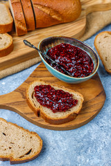 Bread slices with raspberry jam,easy healthy snack,top view