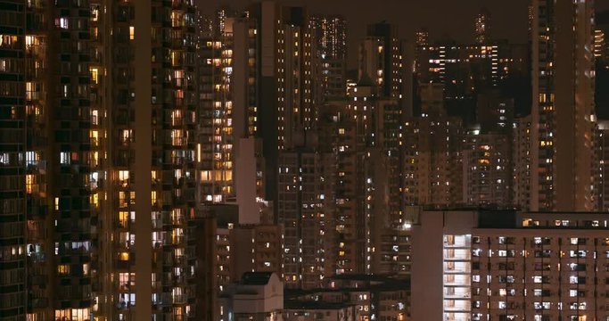 Time lapse of day to night transition of buildings. Hong Kong.