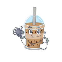 An elegant chocolate bubble tea in a Doctor Cartoon character with tools