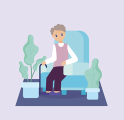 elderly care, old man sitting on the sofa