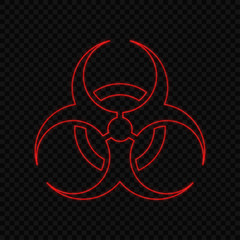 Vector glowing biohazard sign. Red neon symbol of biological hazards on dark background. Poster of danger biohazard sign with light effects. EPS 10 file.