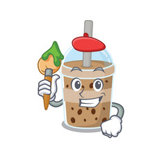 Talented chocolate bubble tea Artist cartoon character with brush