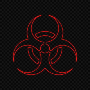 Vector glowing biohazard sign. Red neon symbol of biological hazards on dark background. Poster of danger biohazard sign with light effects. EPS 10 file.