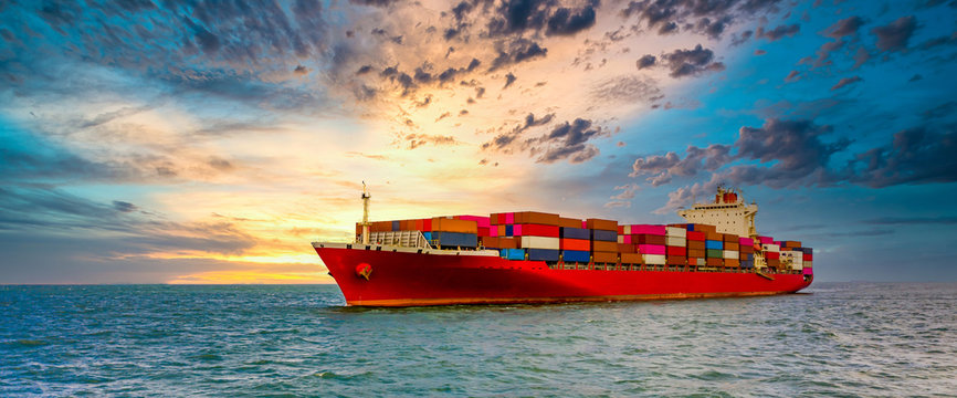 Container Cargo Ship, Freight Shipping Maritime Vessel., Global Business Import Export Commerce Trade Logistic And Transportation Worldwide By Container Cargo Ship Boat In The Open Sea