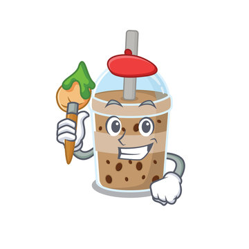 Talented chocolate bubble tea Artist cartoon character with brush