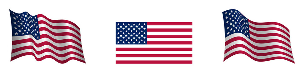 American flag in a static position and in motion, developing in the wind, on a transparent background