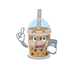 Mascot design of chocolate bubble tea speaking on phone