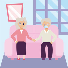 elderly care, old couple sitting on the sofa