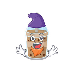 Cute and funny chocolate bubble tea cartoon character dressed as an Elf