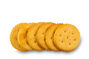 Freshly baked crunchy crackers isolated on white background with clipping path.
