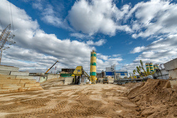 Concrete mixing plant. Visible are the towers for cement storage